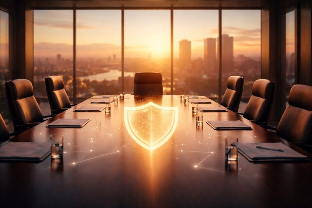 A dimly lit corporate boardroom with an illuminated conference table, overlaid by a subtle digital network graphic representing cybersecurity risk governance at the executive level.
