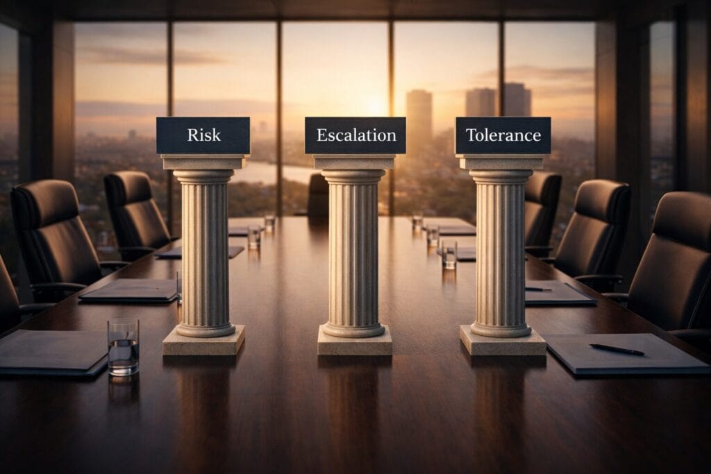 Three classical pillars labeled Risk, Escalation, and Tolerance standing on a boardroom table at sunset, symbolizing structured cybersecurity governance at the board level.