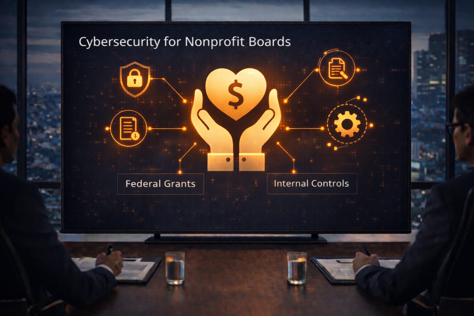 Two nonprofit board members seated at a conference table reviewing a large screen titled “Cybersecurity for Nonprofit Boards,” displaying a heart with a dollar sign supported by hands and connected to icons representing federal grants and internal controls, symbolizing governance oversight of cybersecurity in grant-funded organizations.