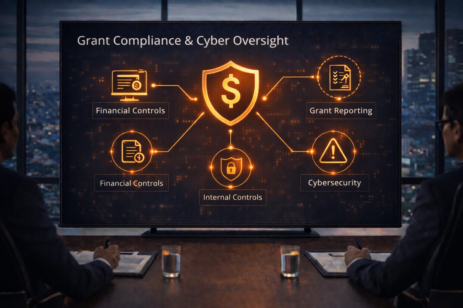 Two nonprofit board members seated at a conference table reviewing a large screen titled “Grant Compliance & Cyber Oversight,” displaying a central shield with a dollar sign connected to labeled elements including financial controls, grant reporting, internal controls, and cybersecurity, symbolizing the integration of digital risk governance with grant accountability.