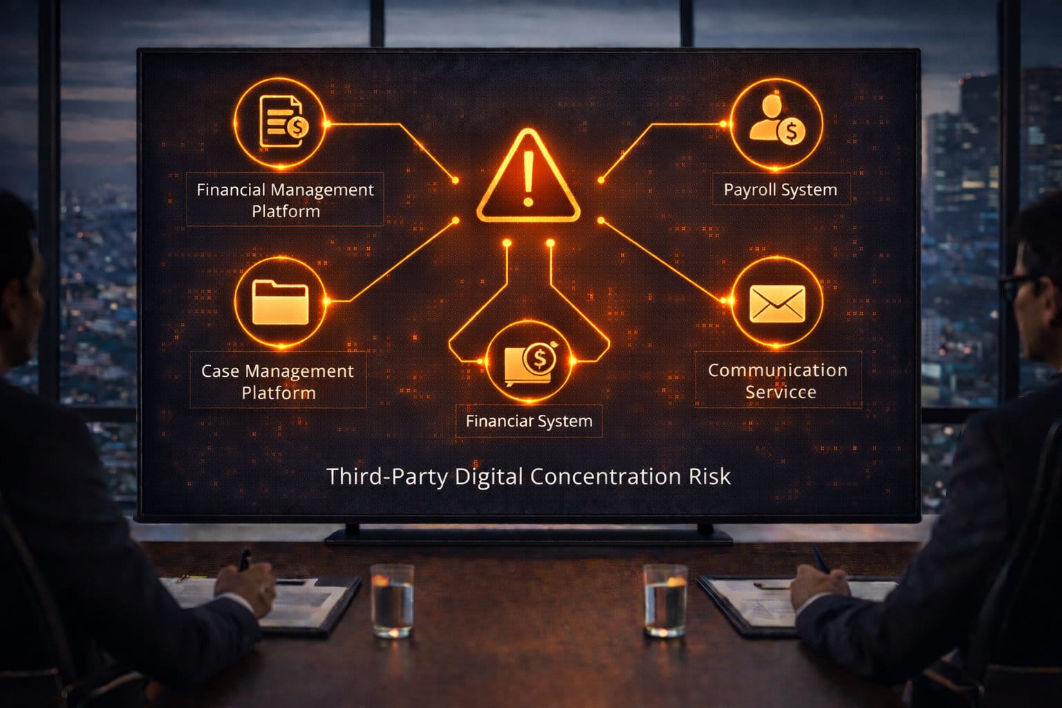 Two executives seated at a boardroom table reviewing a large screen displaying interconnected digital platforms labeled financial management, payroll, case management, communication service, and financial system surrounding a central warning symbol, illustrating third-party digital concentration risk in enterprise governance.