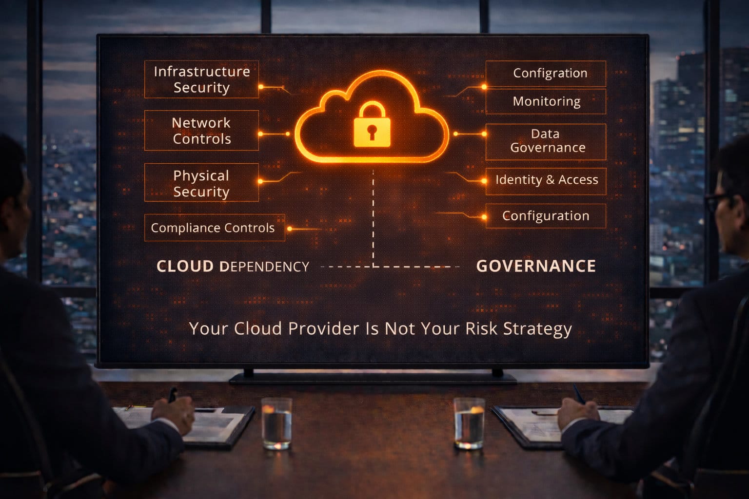 Two executives seated at a boardroom table reviewing a large screen displaying a cloud icon divided between cloud dependency responsibilities such as infrastructure security and network controls on one side, and governance responsibilities such as configuration, monitoring, data governance, and identity access on the other, illustrating separation of cloud services and board oversight.