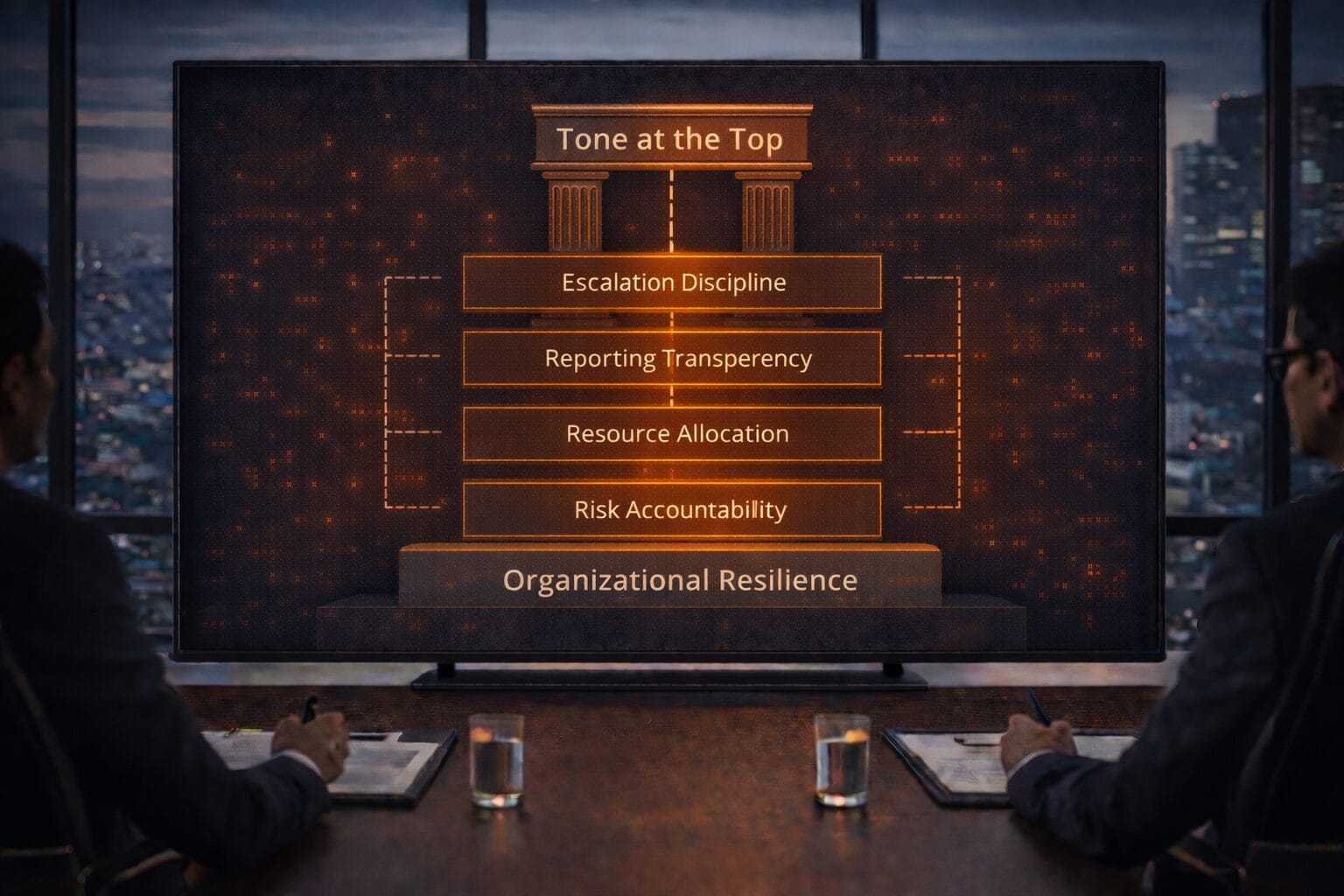 Two executives seated at a boardroom table reviewing a screen displaying a pillar labeled “Tone at the Top,” extending downward into structured blocks labeled Escalation Discipline, Reporting Transparency, Resource Allocation, and Risk Accountability, all resting on a foundation labeled Organizational Resilience, illustrating how board culture shapes cybersecurity governance.