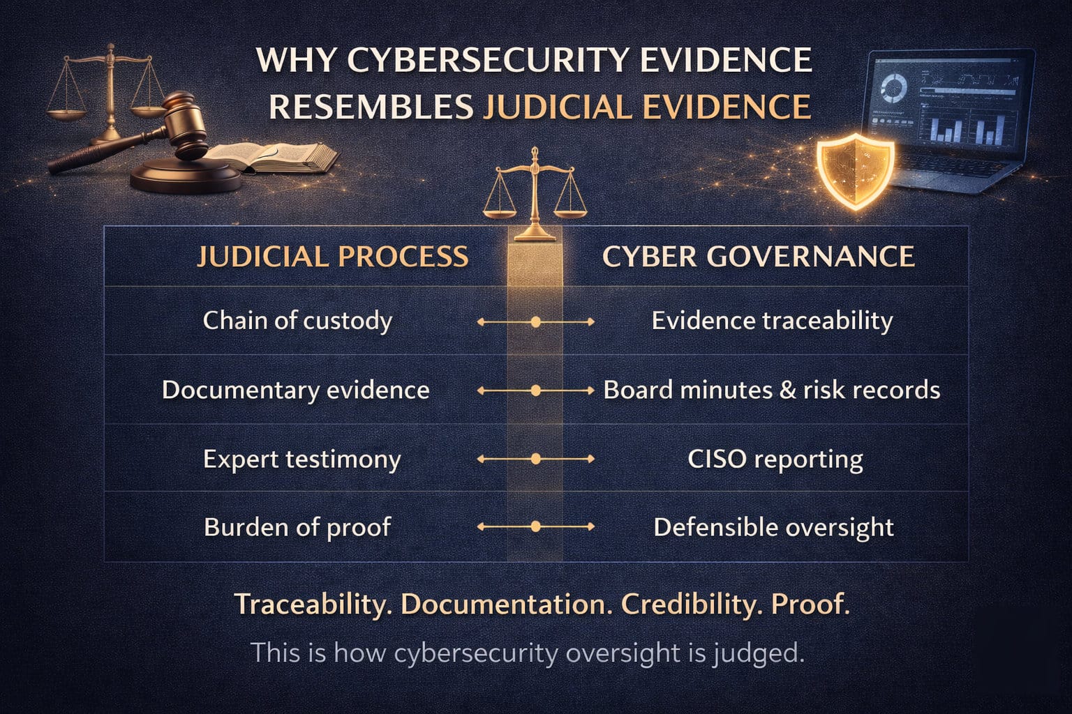 A dark, professional graphic comparing judicial evidence to cybersecurity governance, with scales of justice, a gavel, and a digital dashboard. A central table maps legal concepts like chain of custody, documentary evidence, expert testimony, and burden of proof to cybersecurity equivalents such as evidence traceability, board minutes, CISO reporting, and defensible oversight.