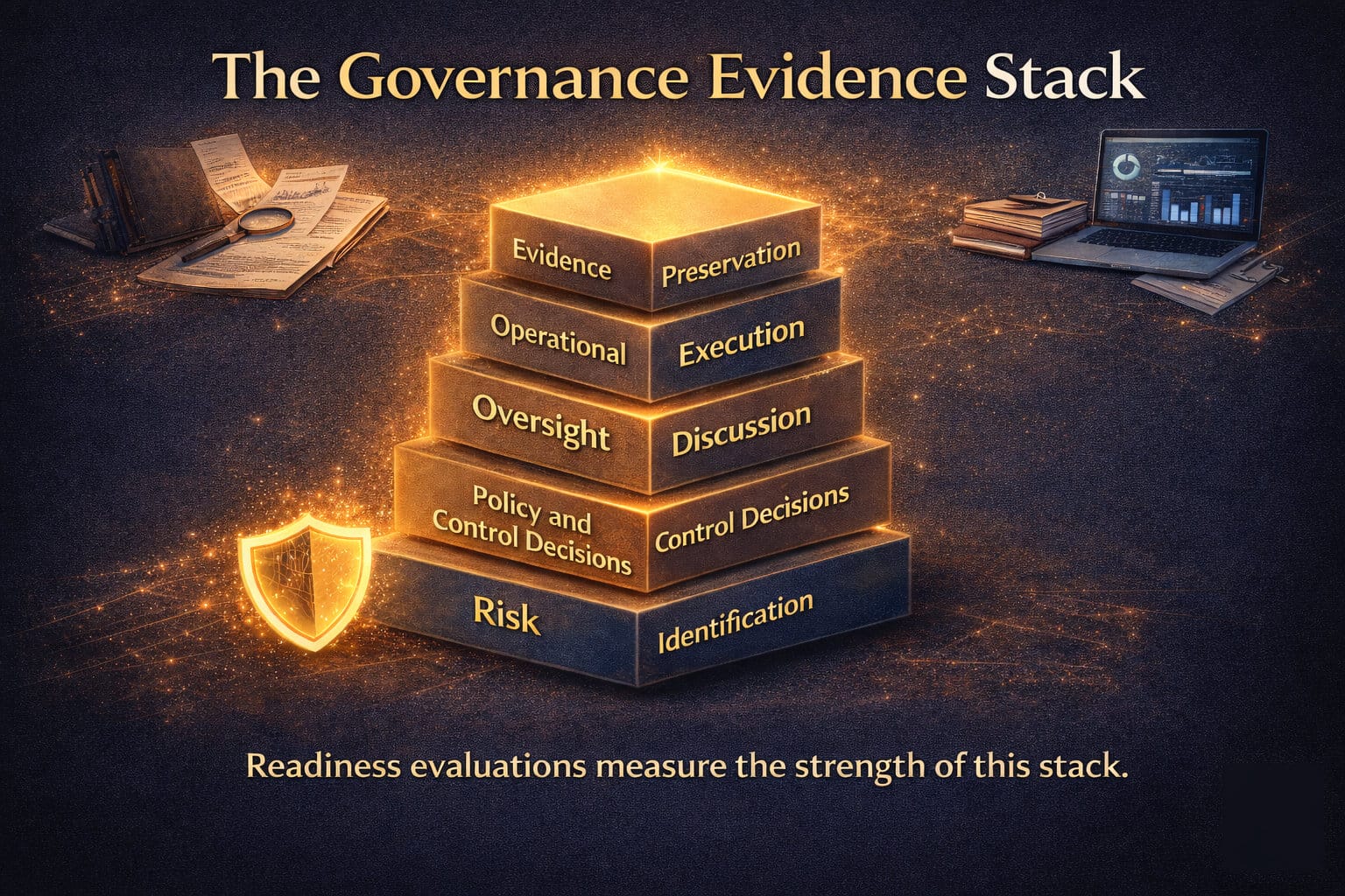A dark, professional graphic showing a five-layer pyramid labeled “The Governance Evidence Stack.” The layers read from bottom to top: Risk Identification, Policy and Control Decisions, Oversight Discussion, Operational Execution, and Evidence Preservation. A glowing shield and subtle digital elements emphasize cybersecurity governance and defensible oversight.