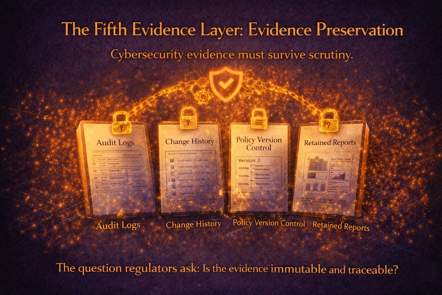 A dark, professional graphic titled “The Fifth Evidence Layer: Evidence Preservation” showing documents labeled Audit Logs, Change History, Policy Version Control, and Retained Reports, each secured with lock icons. A glowing shield and connecting lines emphasize that cybersecurity evidence must be immutable, traceable, and preserved to withstand regulatory scrutiny.