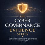 A dark blue textured background featuring a glowing gold shield with digital circuitry at the top, radiating light lines. Centered below, elegant serif text reads “The Cyber Governance Evidence Series,” with “Evidence” highlighted in gold. A small divider and tagline beneath read “Defensible cybersecurity governance and oversight.”
