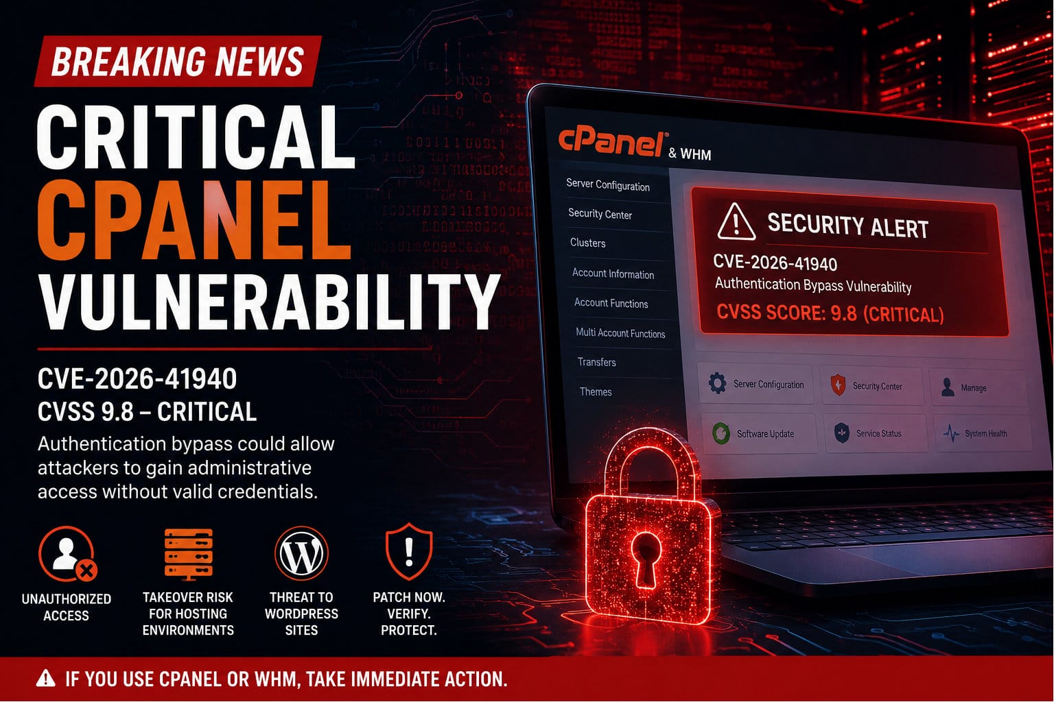 A dramatic cybersecurity breaking news graphic warning about the critical cPanel vulnerability CVE-2026-41940. The image features a glowing red security alert on a cPanel & WHM interface displayed on a laptop, alongside bold text reading “Critical cPanel Vulnerability.” A holographic red padlock and server-room background reinforce the threat of unauthorized administrative access, WordPress hosting exposure, and urgent patching requirements.