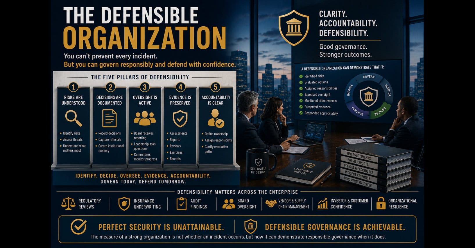A cybersecurity governance graphic titled “The Defensible Organization.” The image presents the five pillars of defensibility: risks are understood, decisions are documented, oversight is active, evidence is preserved, and accountability is clear. A boardroom setting shows executives reviewing governance reports, risk assessments, policies, incident response plans, and oversight records. The graphic emphasizes that organizations cannot prevent every cyber incident, but they can demonstrate responsible governance, reasonable diligence, and defensible decision-making through documented oversight and accountability.