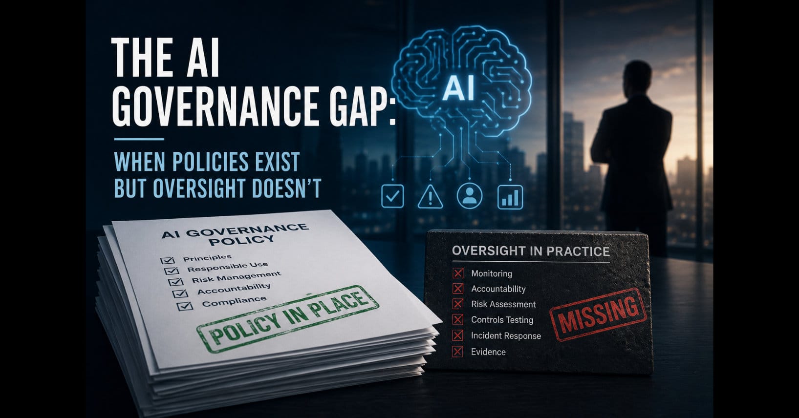 Corporate governance-themed image showing a stack of AI governance policy documents labeled “Policy in Place” beside a board labeled “Oversight in Practice” marked “Missing.” A glowing AI brain graphic appears above, while a business executive looks out over a city skyline. The image illustrates the gap between documented AI policies and actual governance oversight.