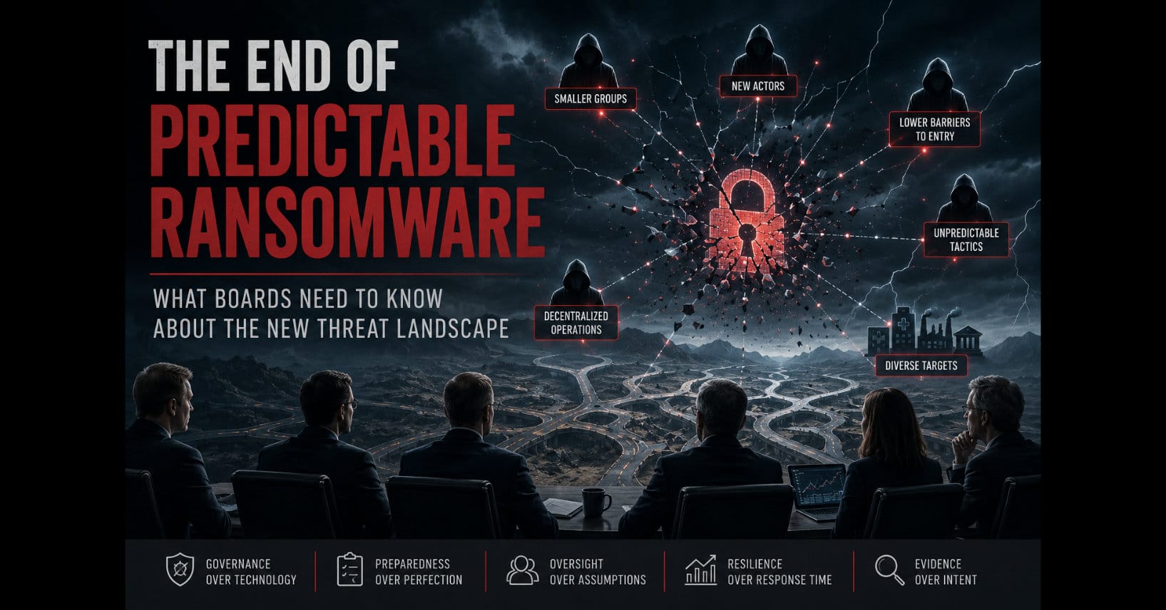 Cyber governance-themed image showing a board of executives overlooking a fragmented digital threat landscape. A shattered red padlock sits at the center, connected to multiple hooded threat actors representing decentralized ransomware groups. Labels highlight smaller groups, new actors, unpredictable tactics, and diverse targets. The image emphasizes governance, preparedness, oversight, resilience, and evidence as key board-level responses to an evolving ransomware threat environment.
