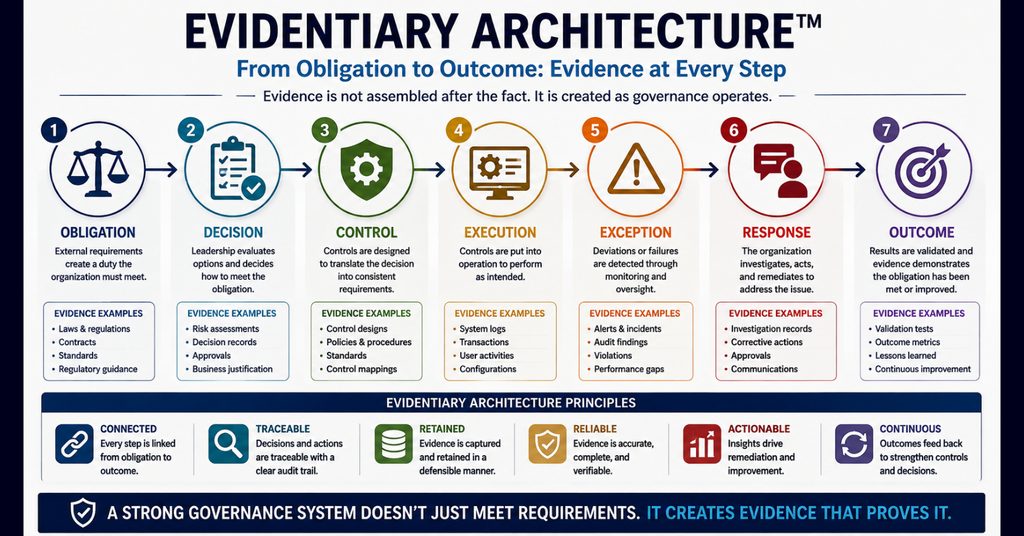 Evidentiary Architecture infographic showing seven stages: Obligation, Decision, Control, Execution, Exception, Response, and Outcome, with examples of evidence generated at each stage and principles for connected, traceable, retained, reliable, actionable, and continuous governance evidence.