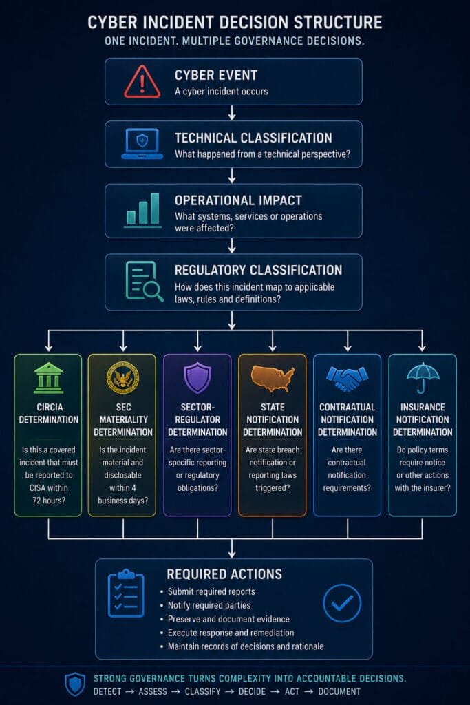 Cyber incident decision structure showing a cyber event progressing through technical classification, operational impact, and regulatory classification before branching into CIRCIA, SEC materiality, sector-regulator, state, contractual, and insurance determinations, which converge into required actions.